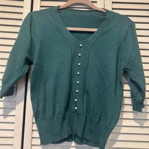 Elegant Dark/Muted Green light knitted summer top with Pearl Buttons